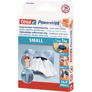 Packung Tesa Powerstrips Small, 14 Stück, zum rückstandsfreien Aufhängen von Objekten bis 1 kg.