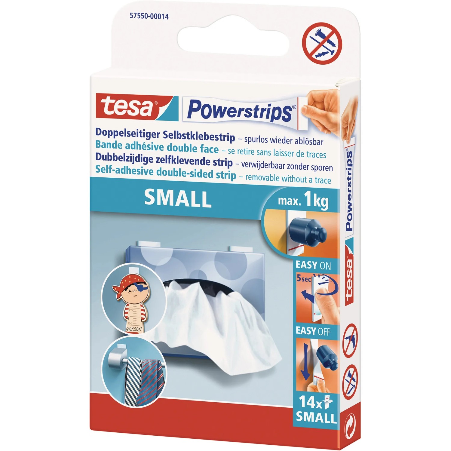 Packung Tesa Powerstrips Small, 14 Stück, zum rückstandsfreien Aufhängen von Objekten bis 1 kg.