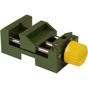 Proxxon Maschinenschraubstock MS 4 aus Zinkdruckguss mit gelbem Drehknopf für Miniaturwerkzeuge.
