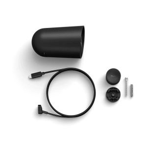 Hue Secure Kamera 2K, schwarz, batteriebetrieben. Zeigt Kamera, Standfuß, Ladekabel und Montagematerial für Videoüberwachung.