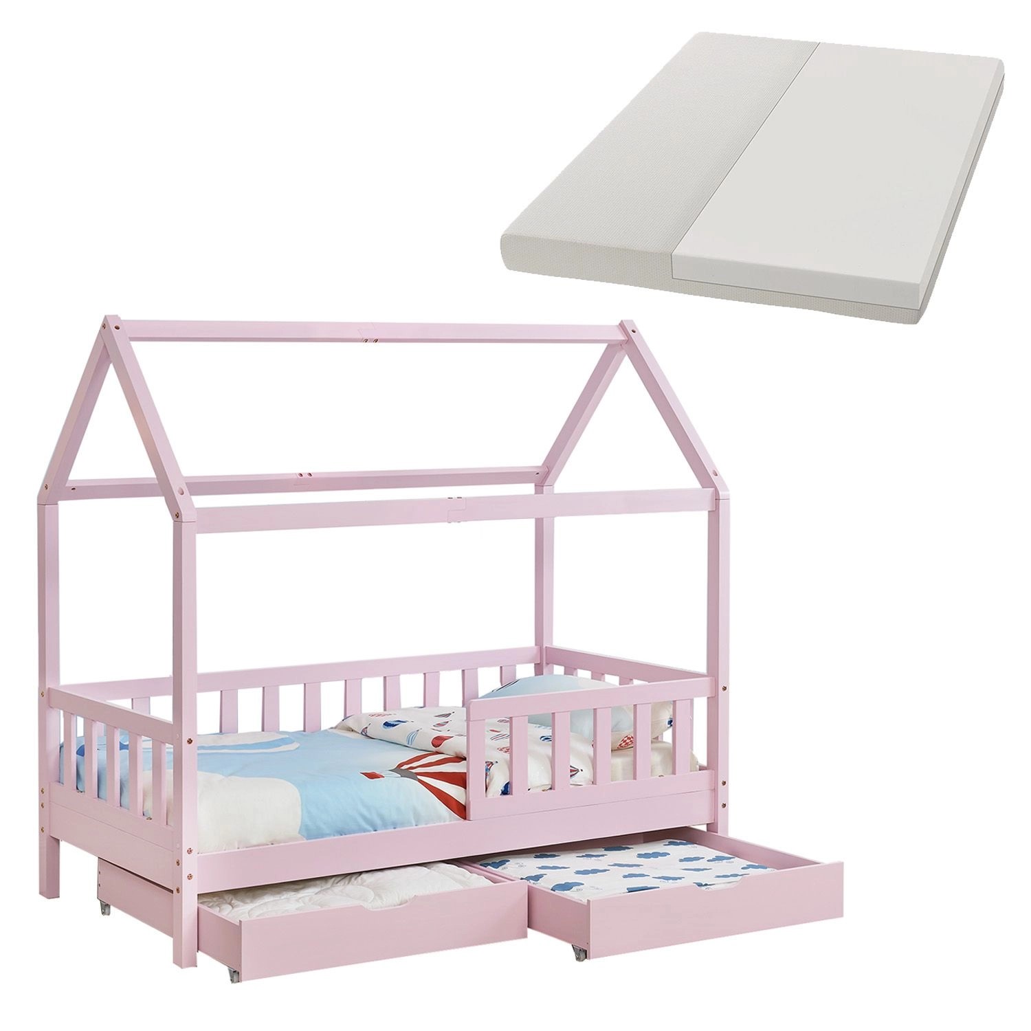 Juskys Kinderbett Marli 80 x 160 cm mit Bettkasten und Matratze Rosa