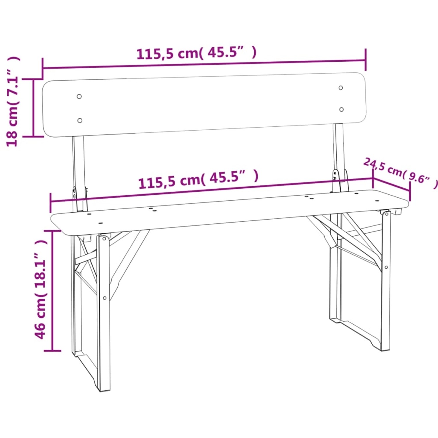 vidaXL Biertisch-Set, 3-teilig, klappbar, Tanne Massivholz, Umrisszeichnung mit Maßangaben.