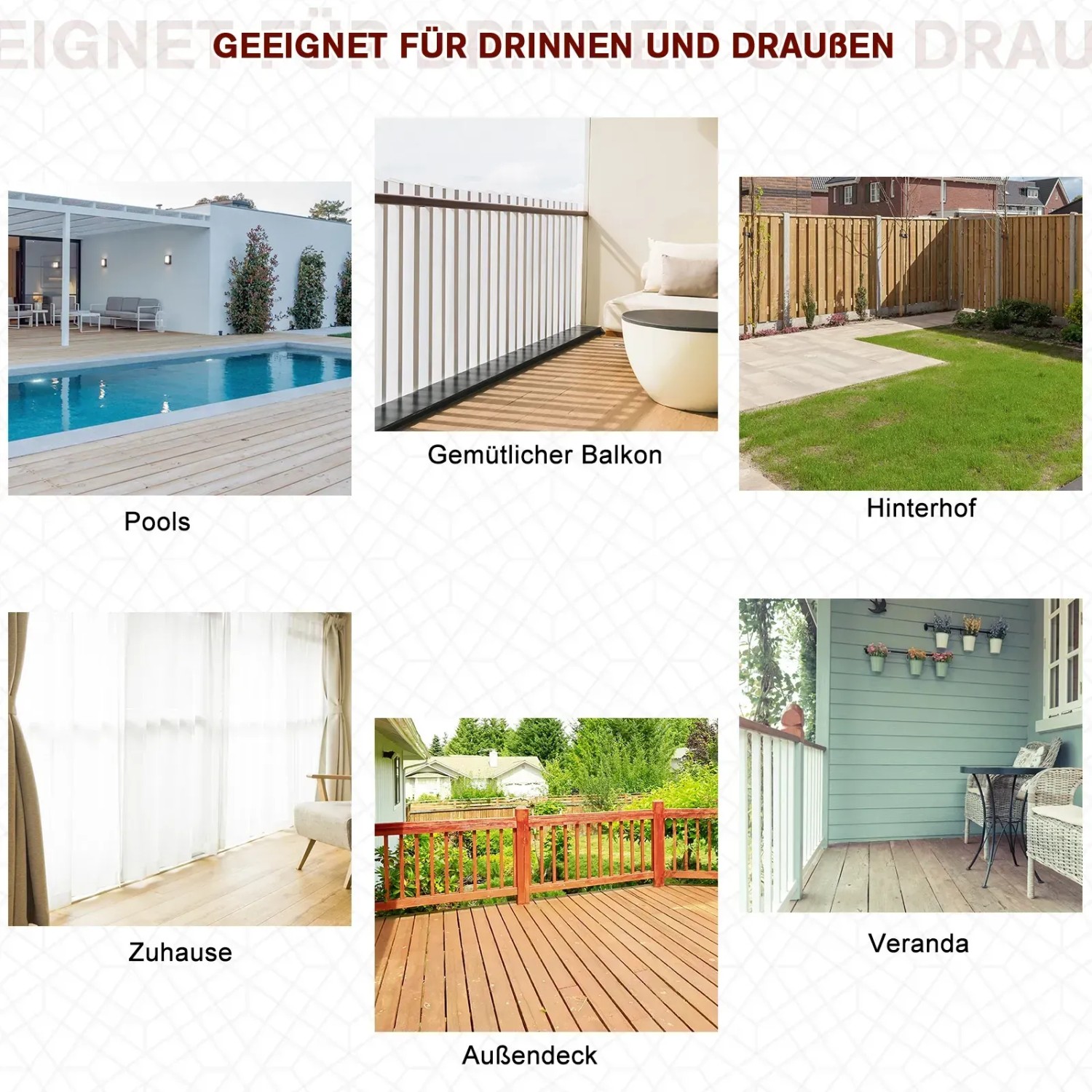 Anwendungsbeispiele des Gartenstuhls: Pool, Balkon, Hinterhof, Zuhause, Außendeck und Veranda.
