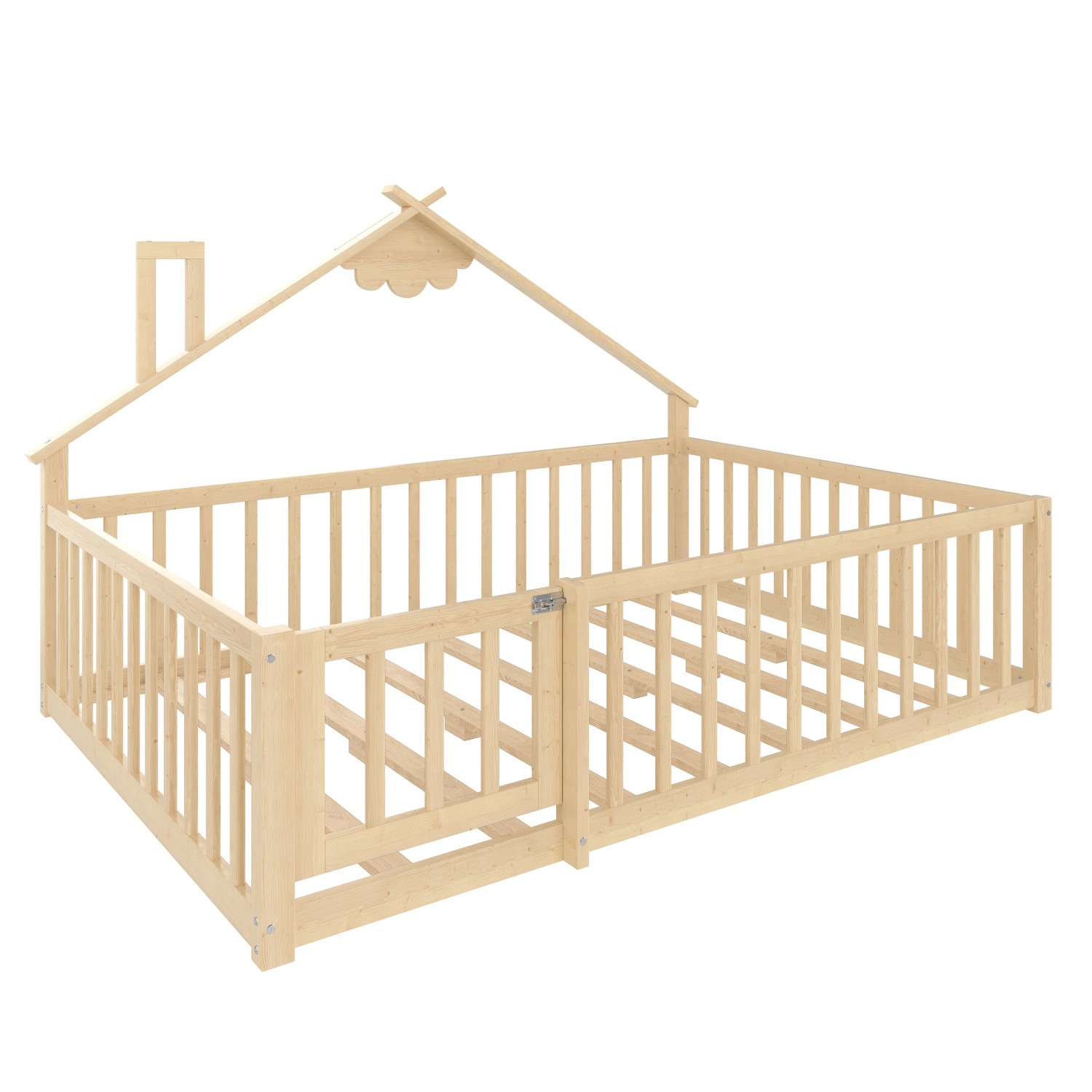 okwish Kinderbett 140x190cm mit Hausleiste und Geländer Kinderzimmer Natur ohne Matratze