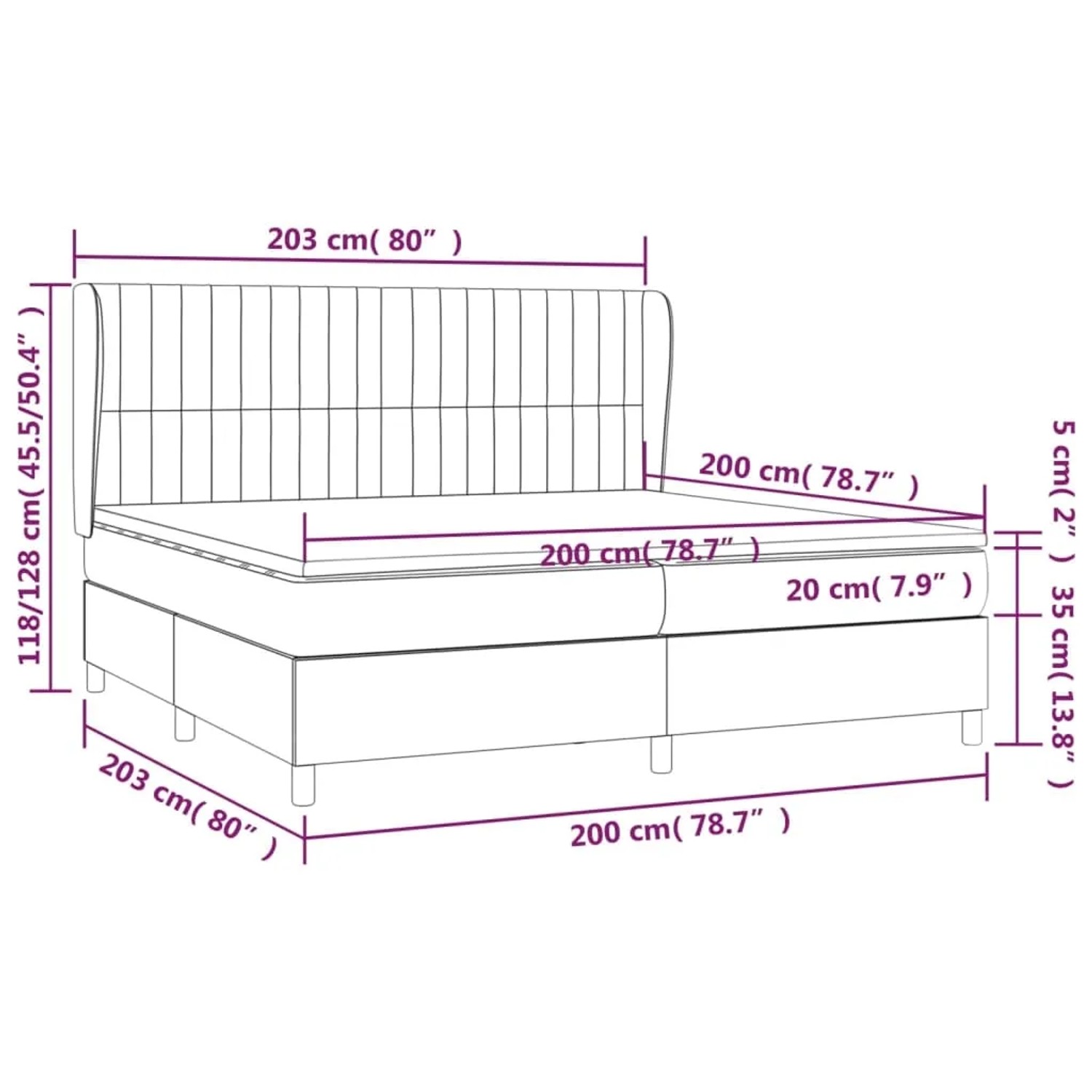 vidaXL Boxspringbett dunkelgrau 200x200 cm mit Matratze, Maßeinteilung
