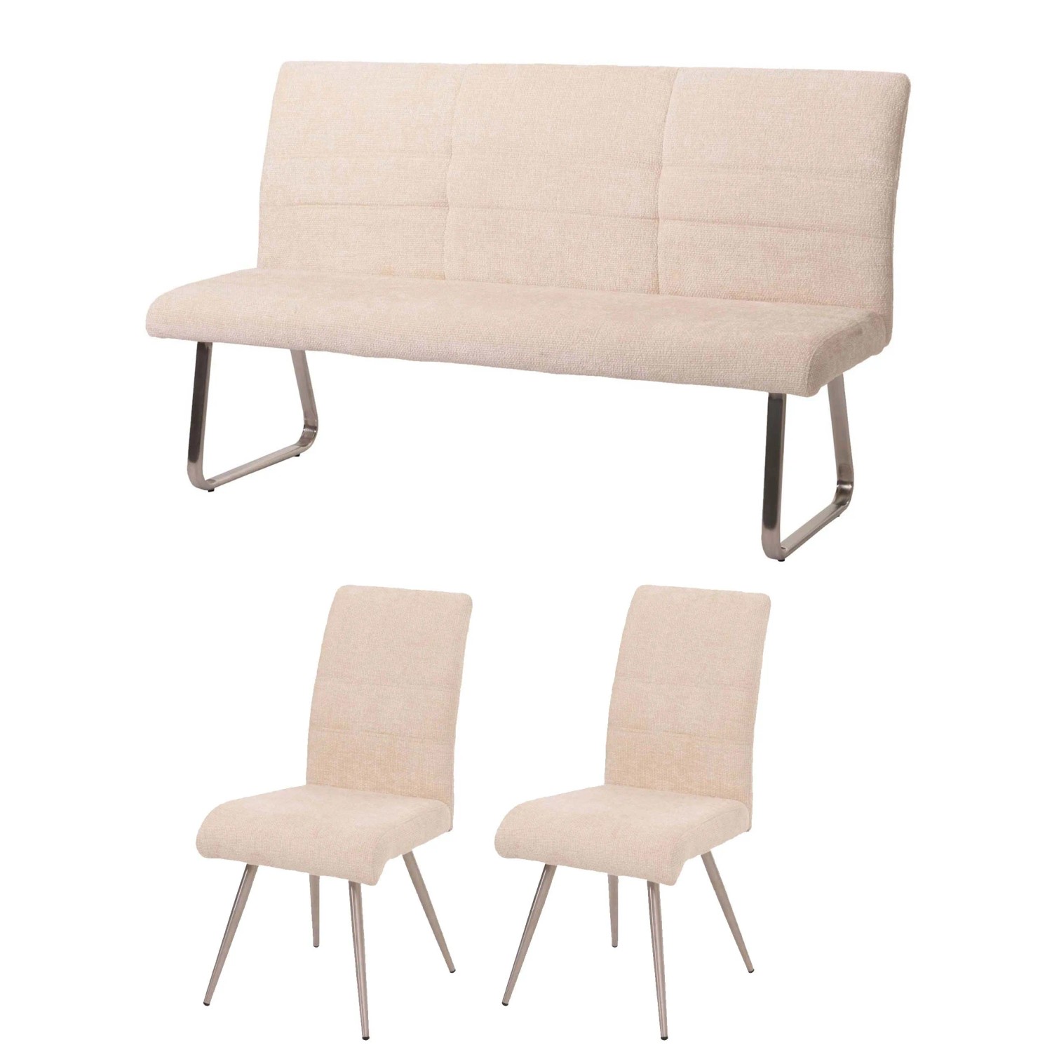 MCW Esszimmer-Set G55  2er-Set Stuhl + Sitzbank 160cm 3-teilig Stoff Chenille Creme