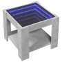 Moderner LED-Couchtisch in Betongrau mit Infinity-Spiegel und Ablagefläche.