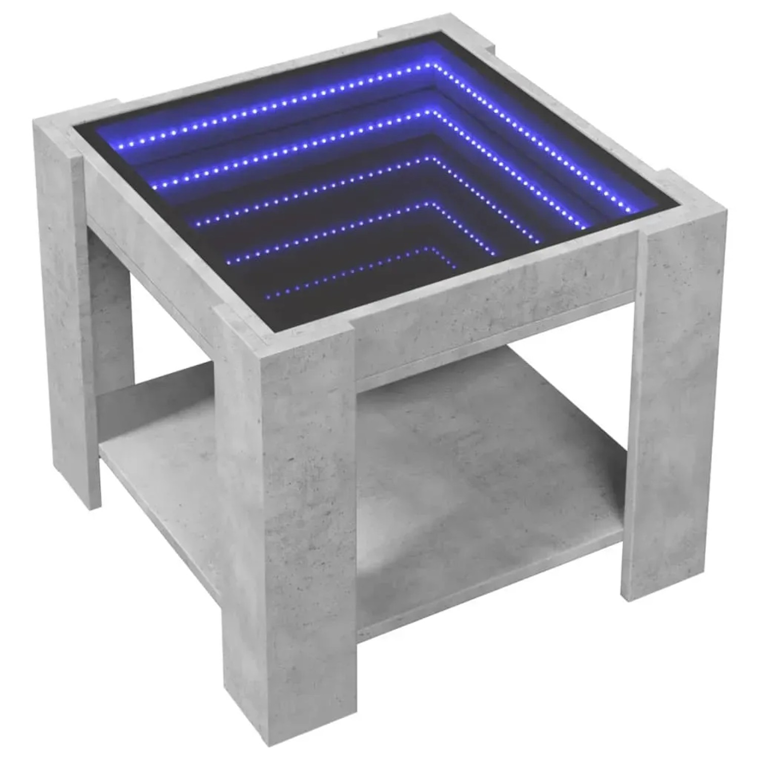 Moderner LED-Couchtisch in Betongrau mit Infinity-Spiegel und Ablagefläche.