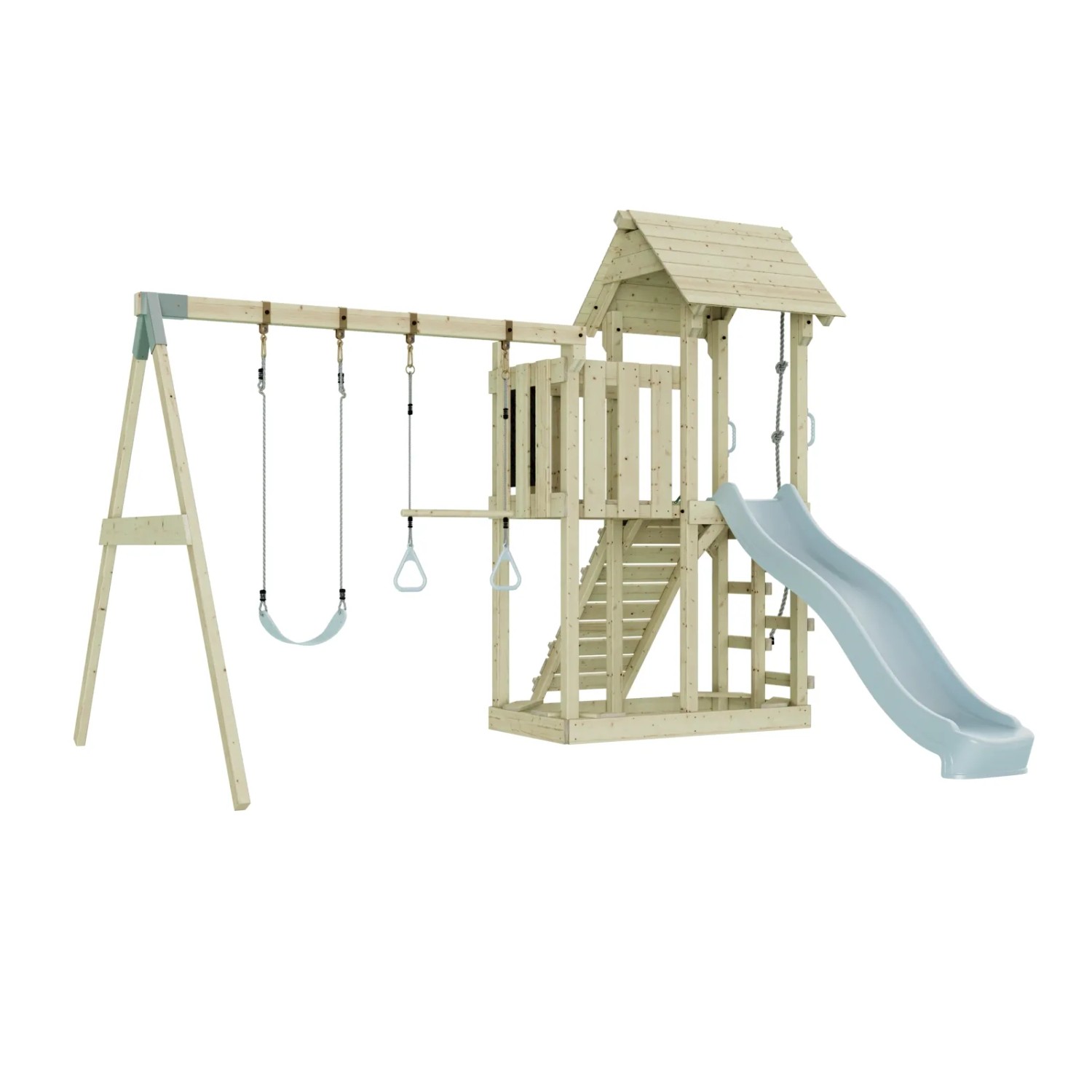 PolarPlay Spielturm Uppsala mit Schaukel, Trapezstange und Rutsche in Eisblau.