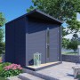 Anthrazitfarbenes Bertilo Gartenhaus Concept aus Holz (297x234cm) mit Flachdach im Garten.