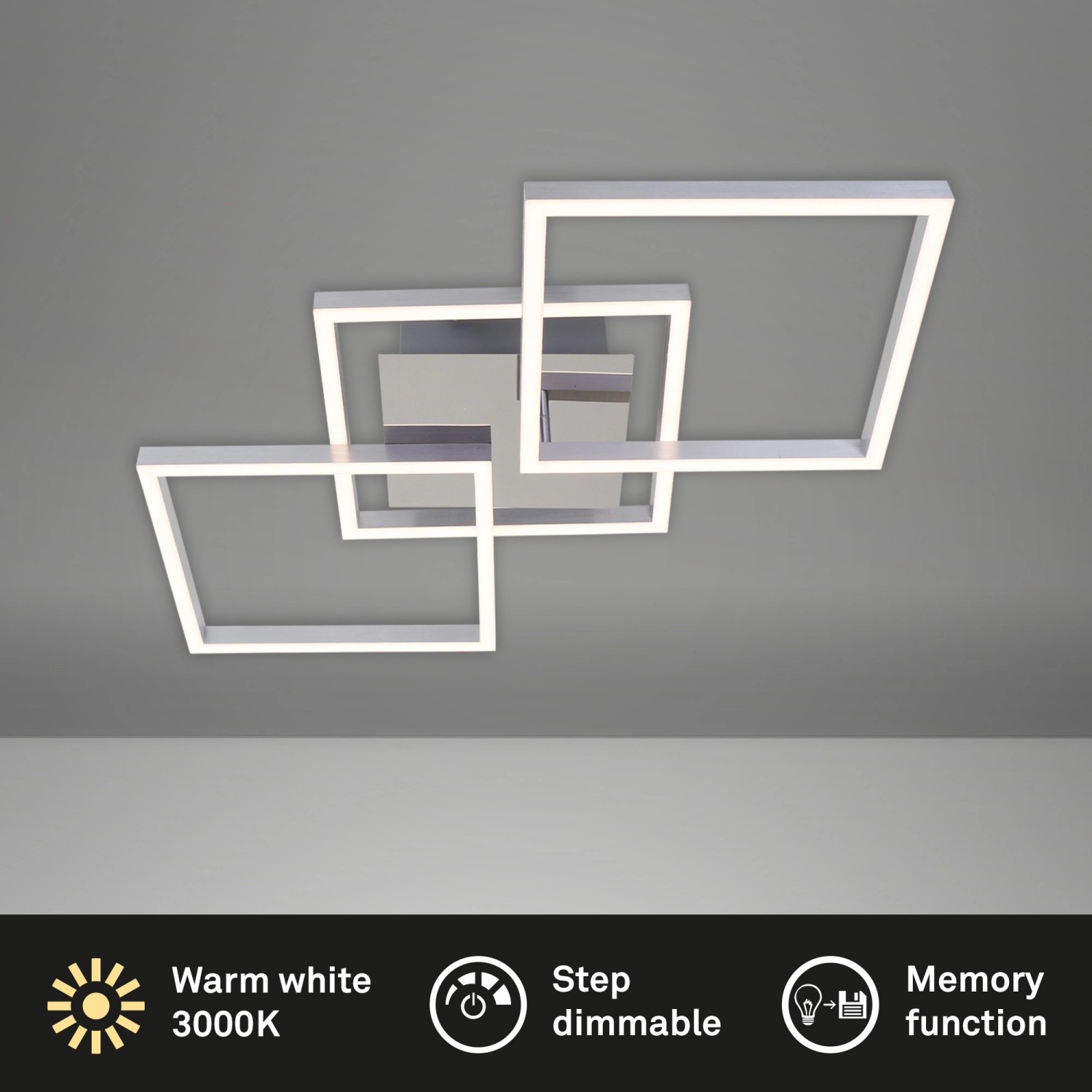 Dimmbare Brilo LED-Deckenleuchte Frame in Silber mit quadratischem Design.