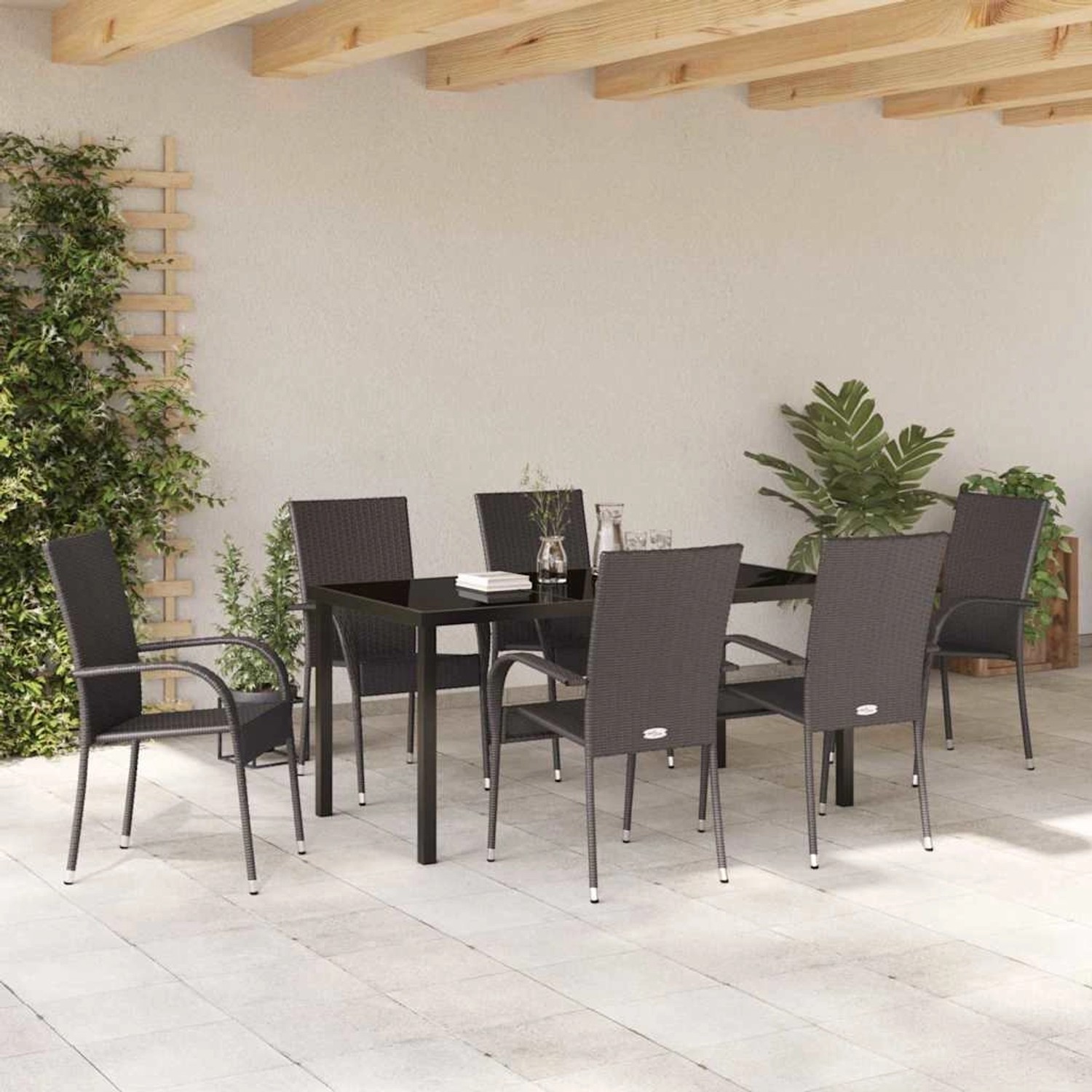 Braune 7-tlg. vidaXL Garten Essgruppe aus Poly Rattan mit Tisch und 6 Stühlen.