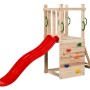 Swing King Spielturm Mari aus Holz mit roter Rutsche, Kletterwand und Griffen.