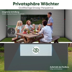 Sekey Faltpavillon 3x3m, grau, mit Seitenteilen. Personen genießen im Inneren. Privatsphären Fenster bietet Einweg-Sichtschutz.