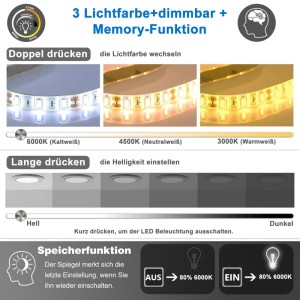 Aica Badspiegel Rennbahn: LED-Beleuchtung mit Farbwechsel, Dimmfunktion und Memory-Funktion.