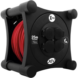 Schwarze REV Ritter Kabeltrommel XPRO mit 25 m Gummikabel und 4 Steckdosen.