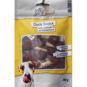 Jollypaw Duck Snack mit Rinderhaut, glutenfreie Hunde-Belohnung im 80g-Beutel.