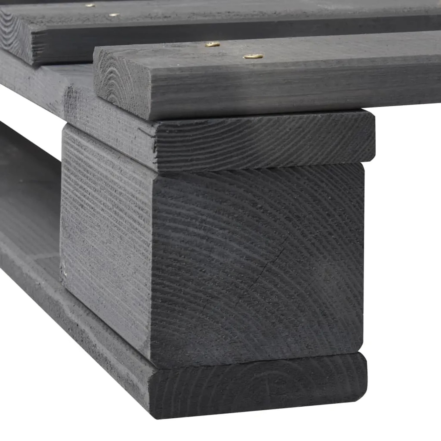 Grauer Paletten-Bettrahmen aus massivem Kiefernholz, Detail der robusten Holzkonstruktion.