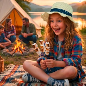 Mädchen mit beigem Strohhut, blauem Punkteband und gewellter Krempe, lachend am Lagerfeuer mit Marshmallows.