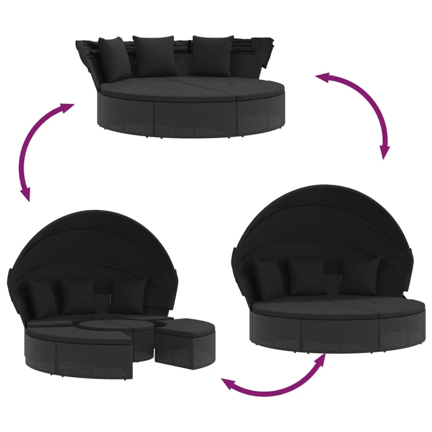 Schwarzes VidaXL Outdoor-Loungebett mit Dach und Kissen aus Poly Rattan, verschiedene Konfigurationen.