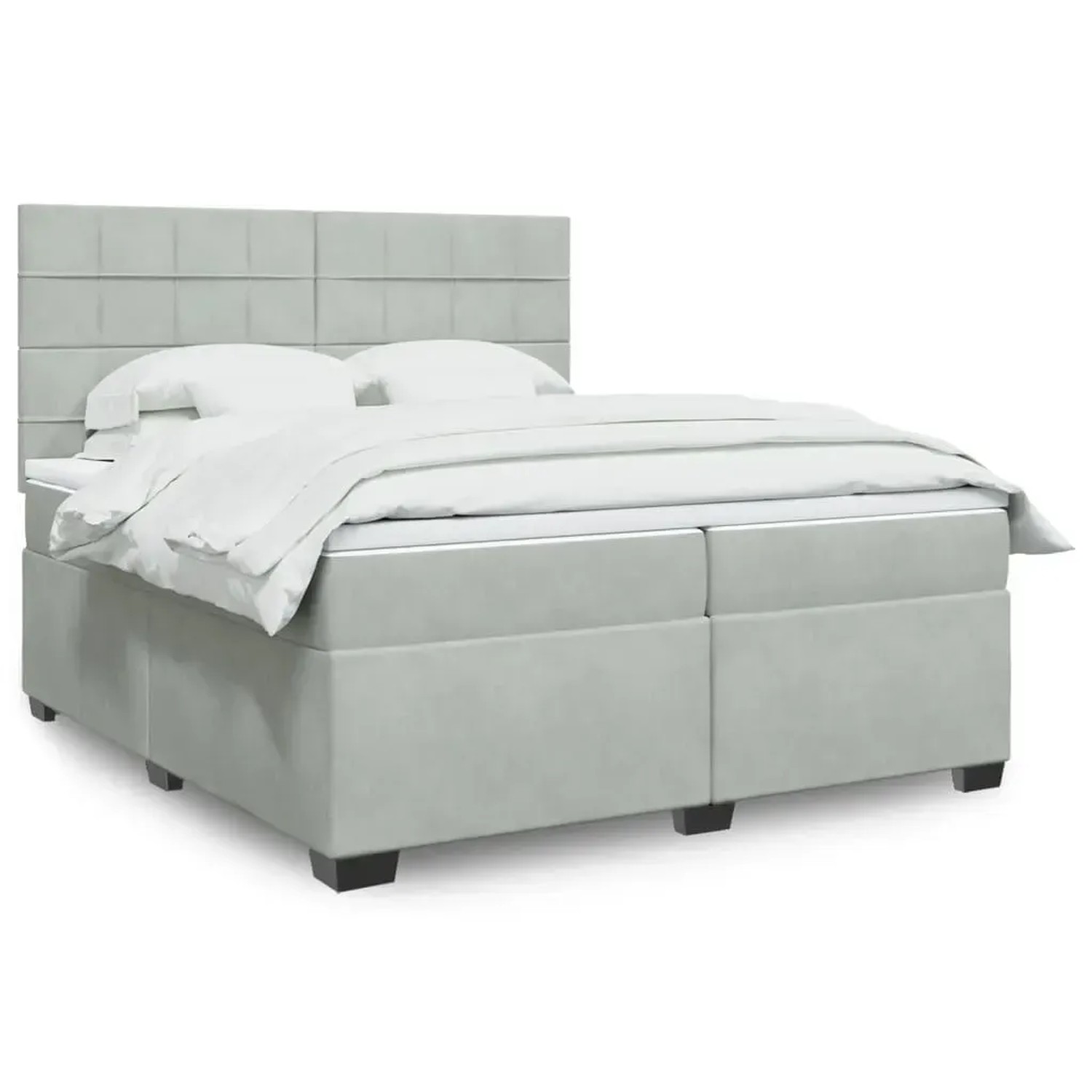 Hellgraues vidaXL Boxspringbett 200x200 cm mit Samtbezug, Matratze und Kopfteil.