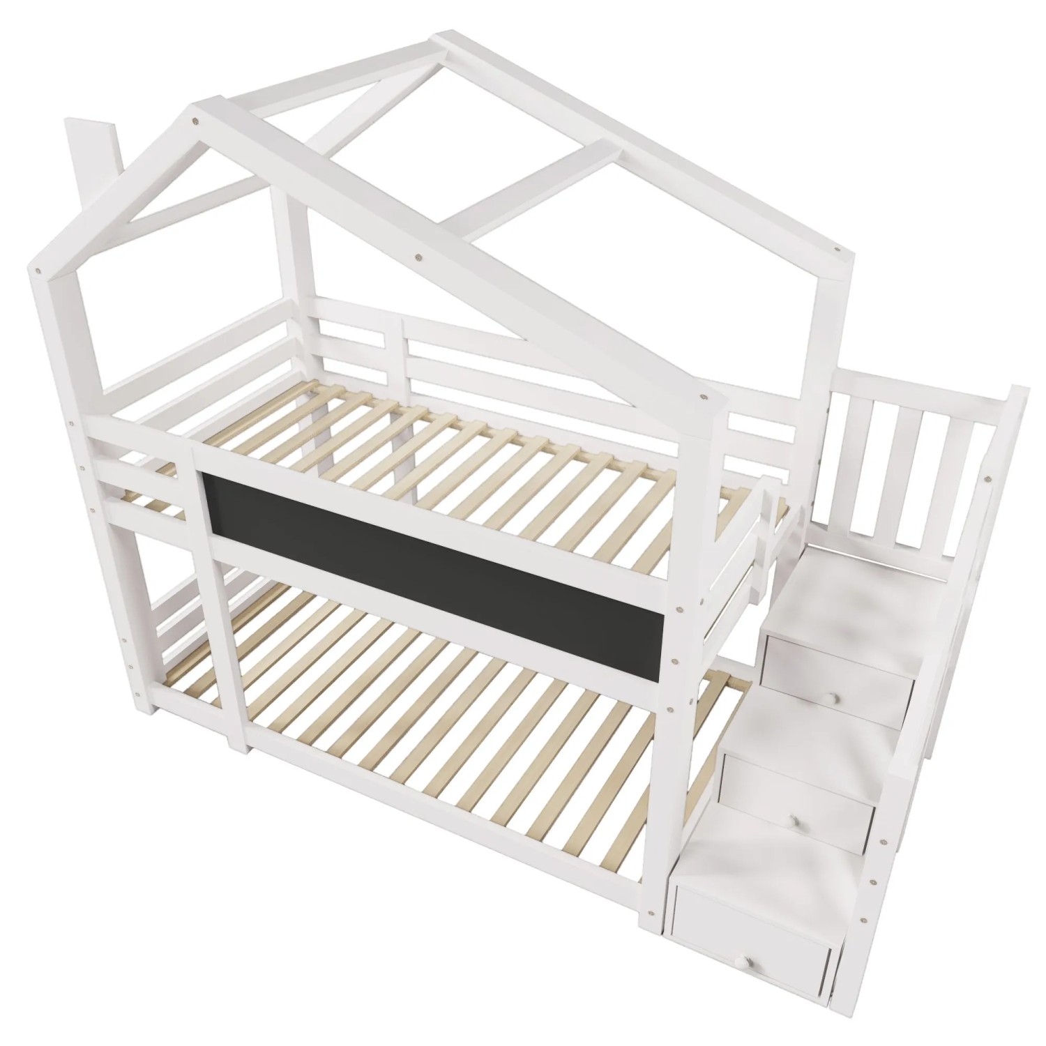 KOMHTOM Kinderbett Baumhaus 90x200Cm Etagenbett Für Kinder Mit Schornstein Speicherung Lattenrost Und Rausfallschutz Weiß Ohne Matratze
