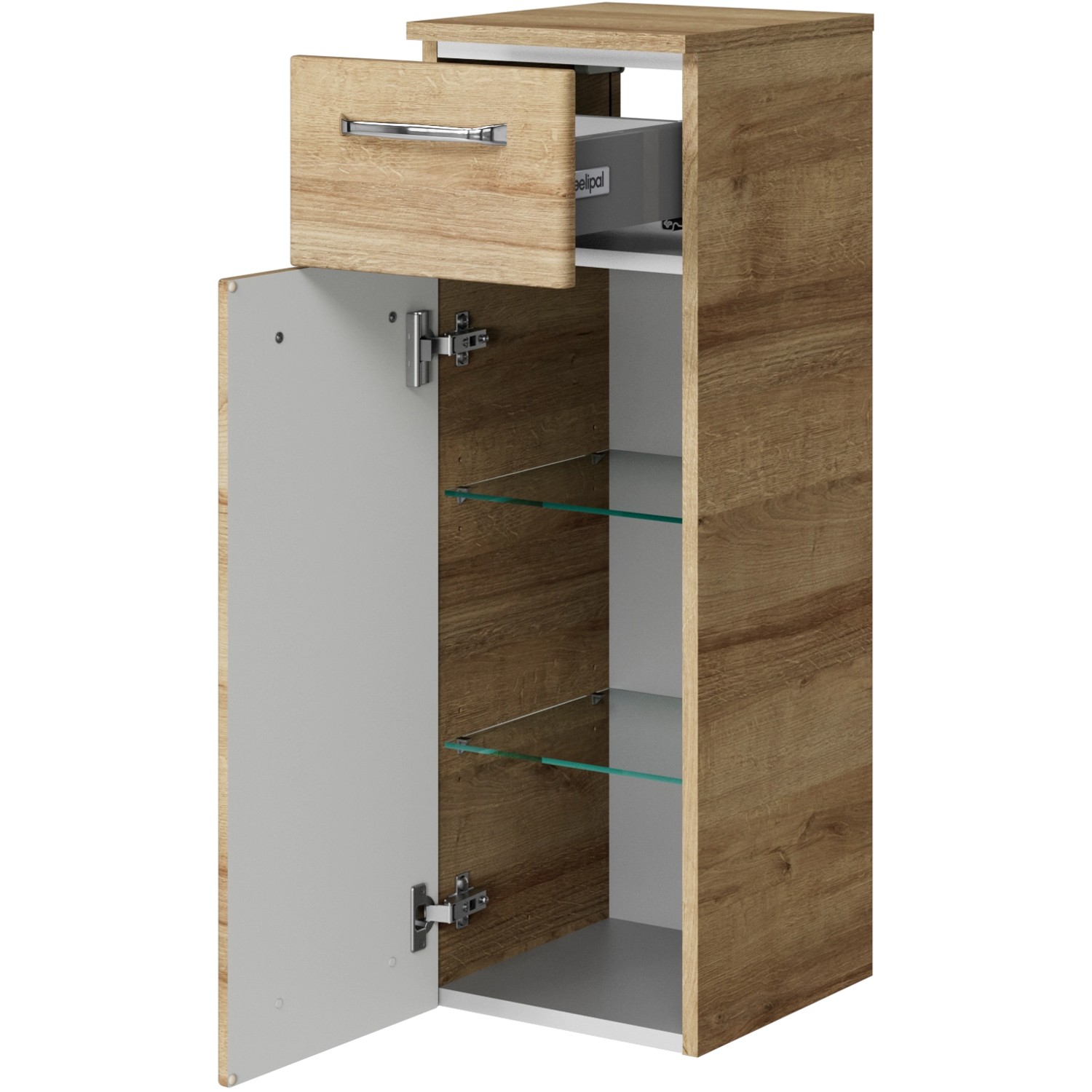 Pelipal Trentino Midischrank in Riviera Eiche Optik mit Schublade und Tür geöffnet.