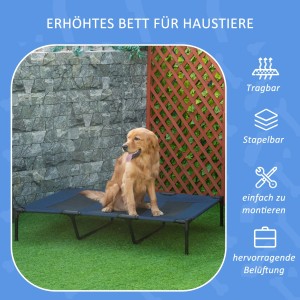 Blaues PawHut Hundebett Outdoor mit Golden Retriever im Garten.