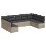Hellgraue 9-tlg. vidaXL Garten-Sofagarnitur aus Poly Rattan mit dunklen Kissen.