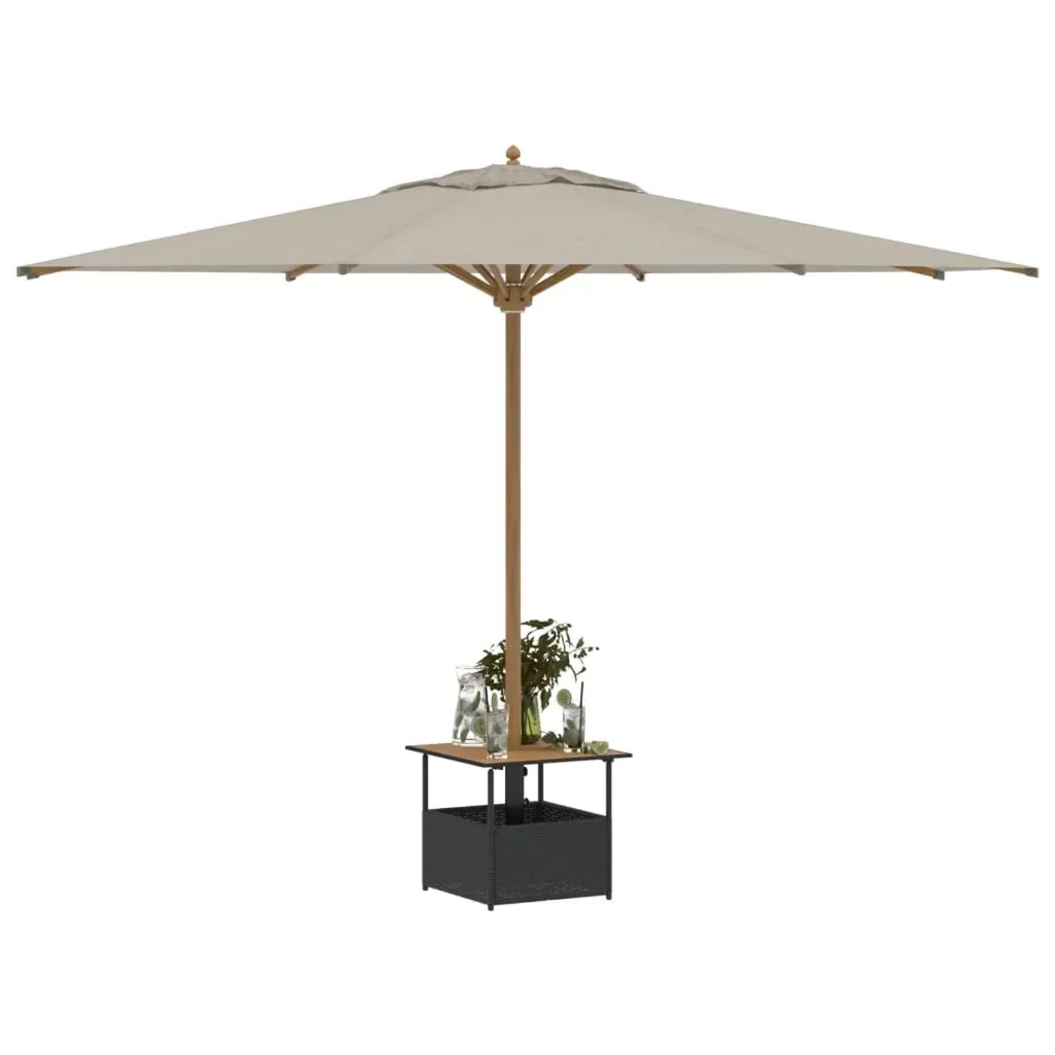 Quadratischer, schwarzer vidaXL Gartentisch 55x55 cm mit Schirmloch und Getränken.