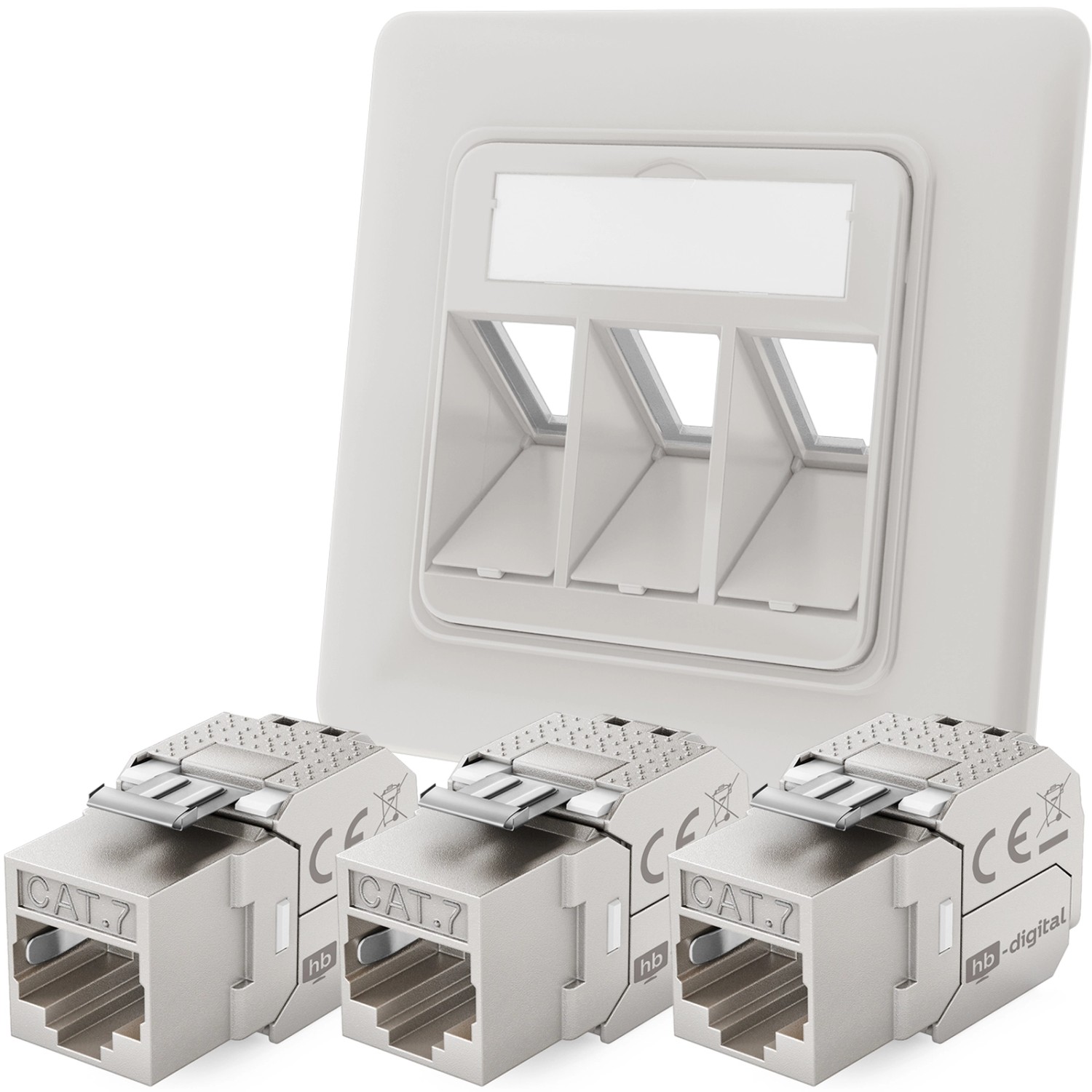 hb-digital Netzwerkdose Unterputz Einsatz 3 Port mit 3x Keystone Modul CAT 7 RAL9003