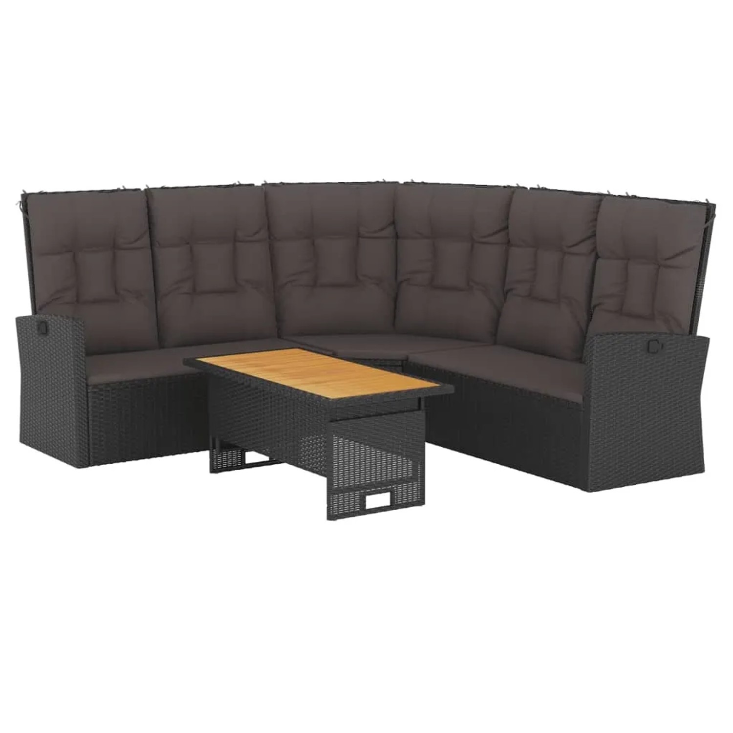Schwarzes 2-tlg. Garten Lounge Set aus Poly Rattan mit Tisch und Ecksofa mit Kissen.
