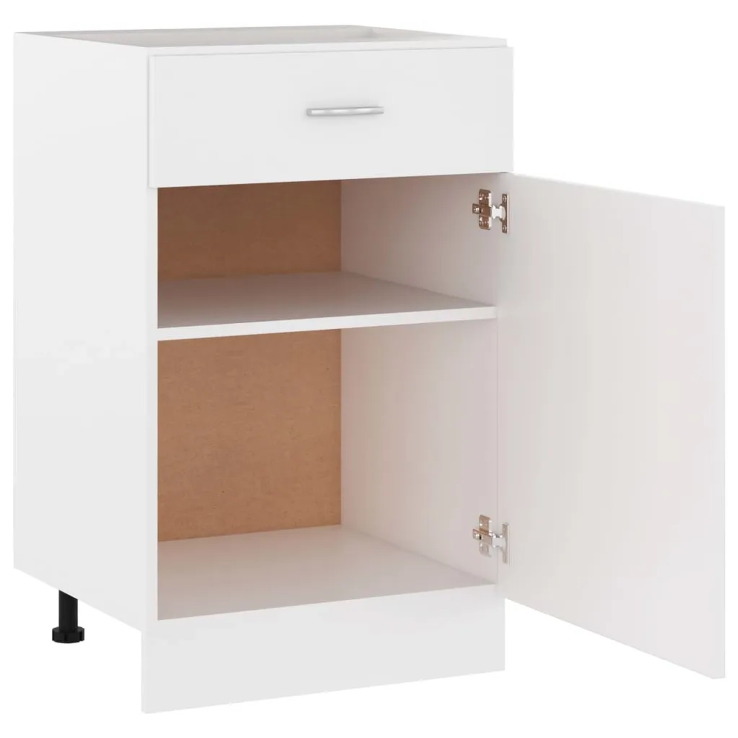 Weißer vidaXL Schubunterschrank (50x46x81,5 cm) aus Holzwerkstoff mit Schublade, Tür und Regalböden.
