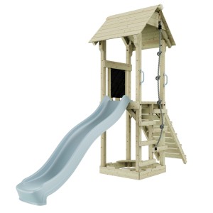 OutdoorToys Spielturm Lillehammer in Eisblau mit Rutsche, Kletterseil und Leiter.