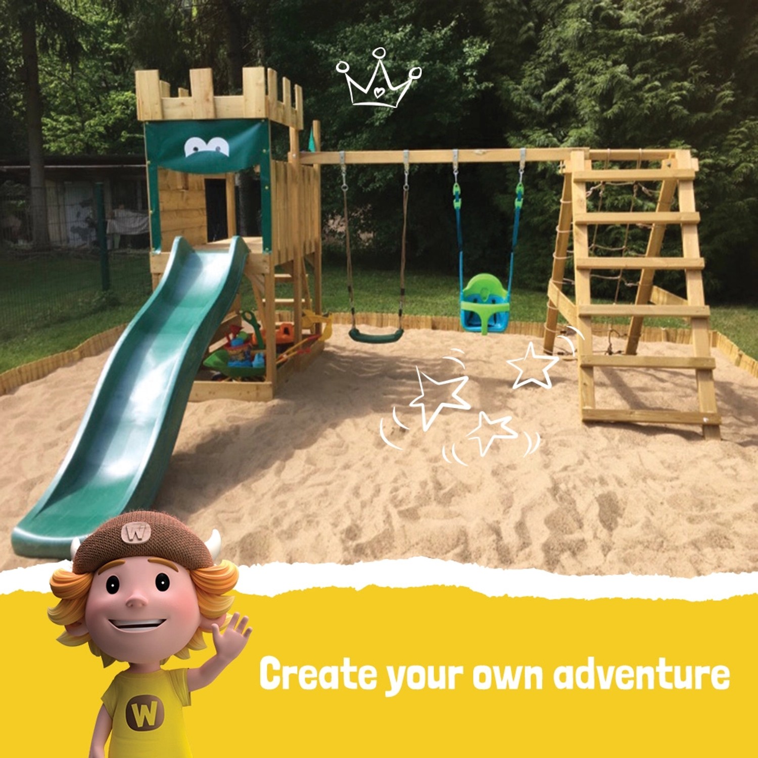 Wickey Spielturm DragonFlyer mit Rutsche, Schaukel und Kletterwand in Pastellgrün.