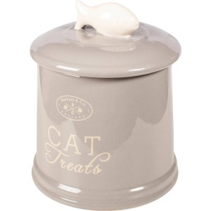 Graue Heim Banbury Katzen-Futterbox aus Keramik mit Fisch-Motiv auf dem Deckel.