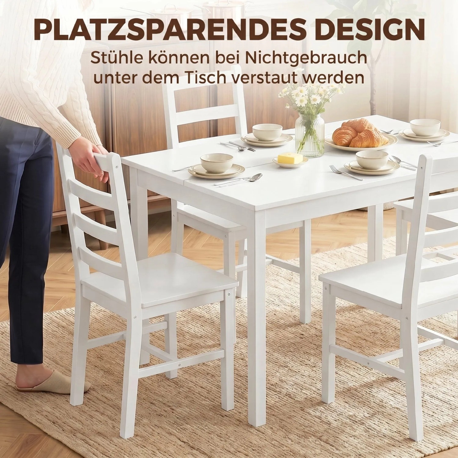 Weiße HOMCOM Essgruppe aus Kiefernholz. Stuhl wird platzsparend unter den Tisch geschoben. 5-teiliges Esszimmer-Set.