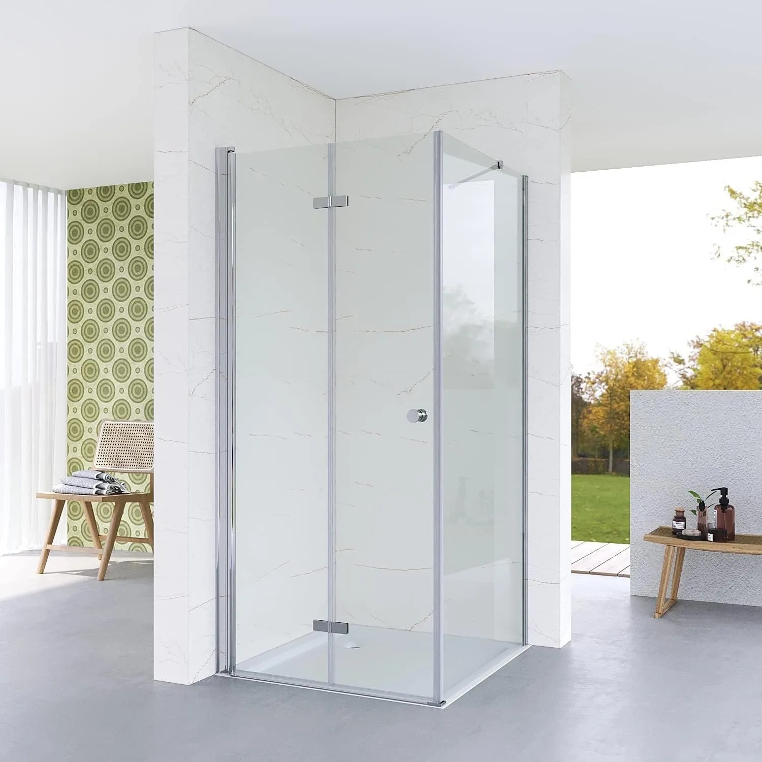 Aquabatos Eckdusche Falttür mit Seitenwand, rahmenlos, aus 5mm ESG Sicherheitsglas in modernem Bad.