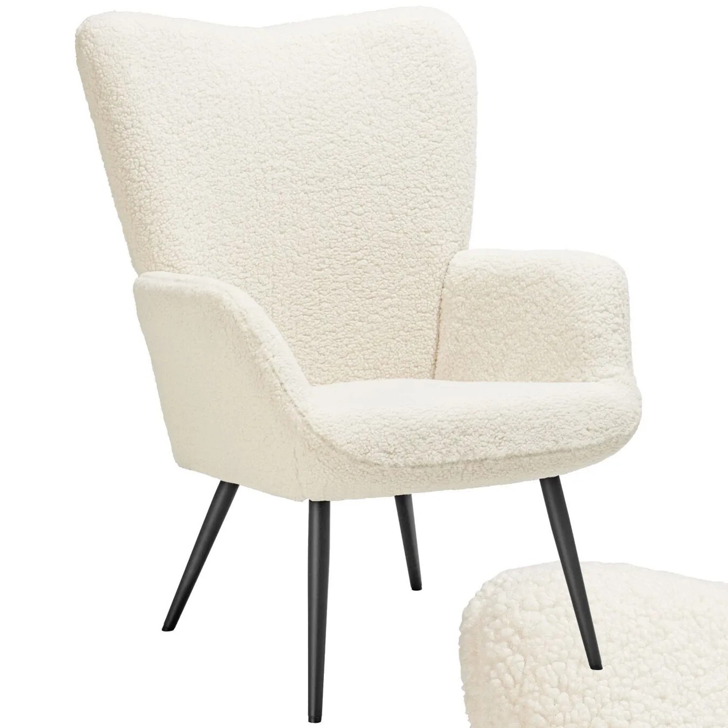 Tectake Sessel Hygge Gepolstert Armlehnen und Ergonomische Rückenlehne  76 x 72 x 100 50 cm Bouclé Creme Schwarz