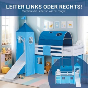 Homestyle4u Kinder Hochbett 90x200 Rutsche Vorhang Blau Kinderbett 2989