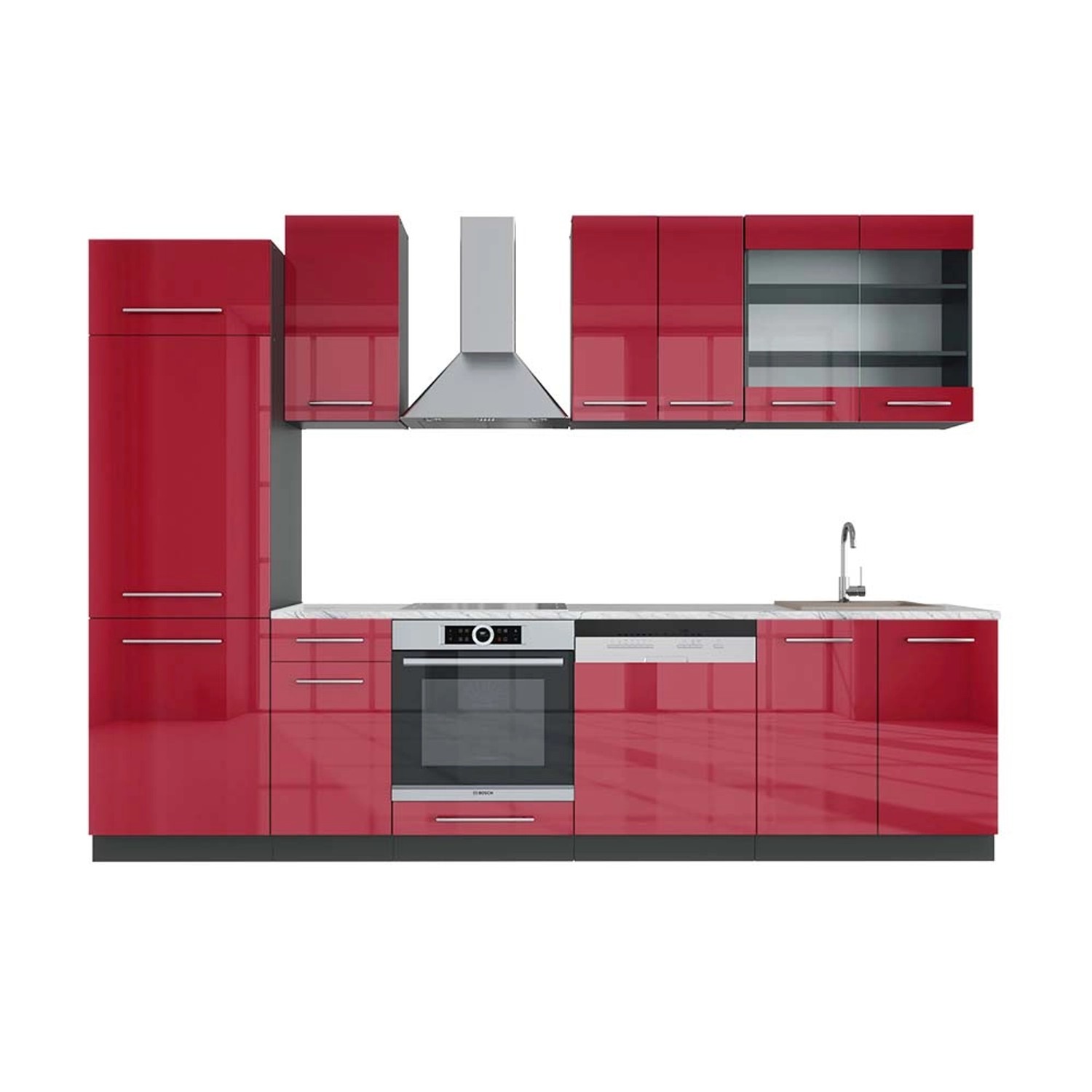 Vicco Fame-Line Küchenzeile Bordeaux Hochglanz/Anthrazit 300 cm AP Marmor günstig online kaufen