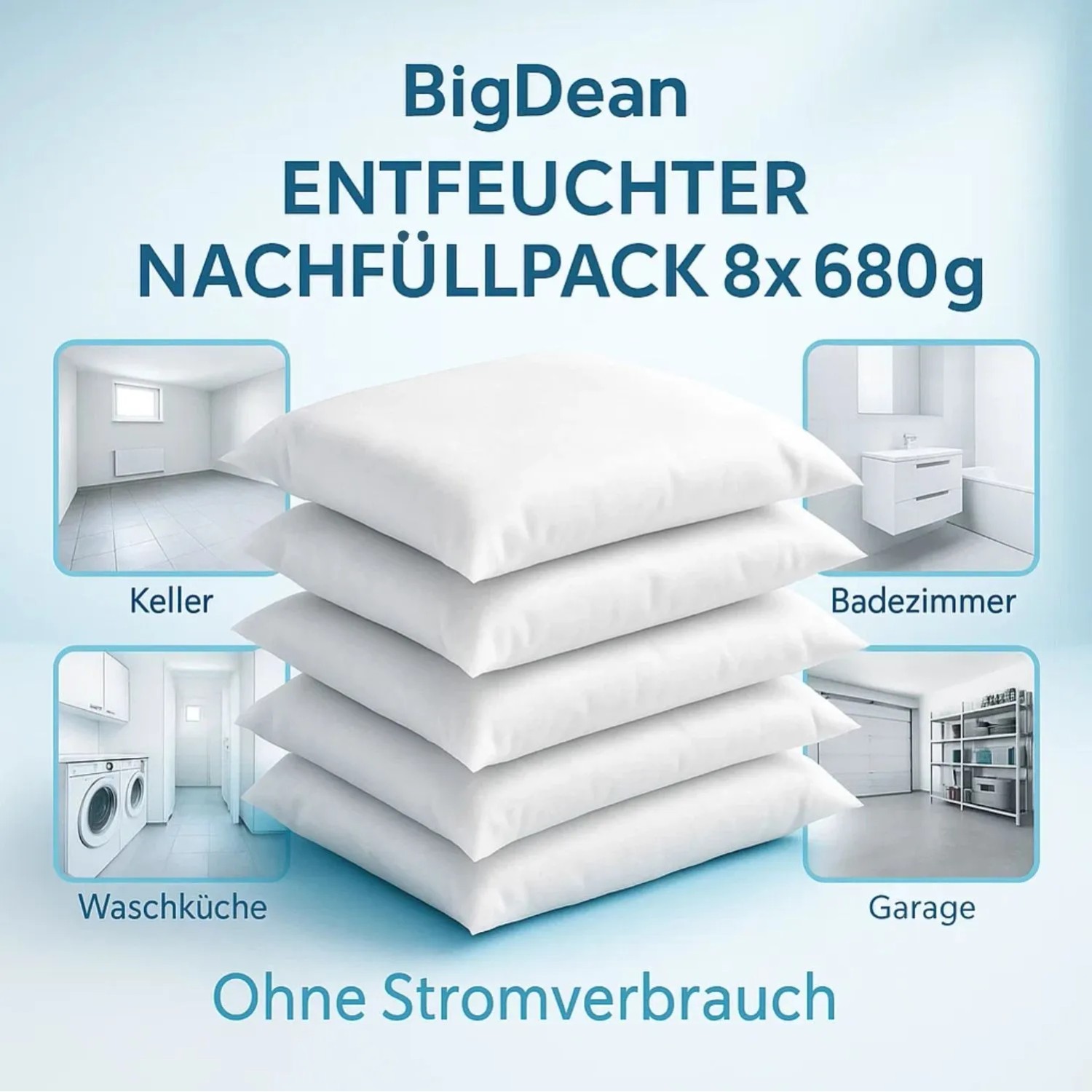 BigDean Luftentfeuchter Nachfüllpack: 8x 680g Granulat Beutel, gestapelt. Für Keller, Bad, Garage. Stromlos.