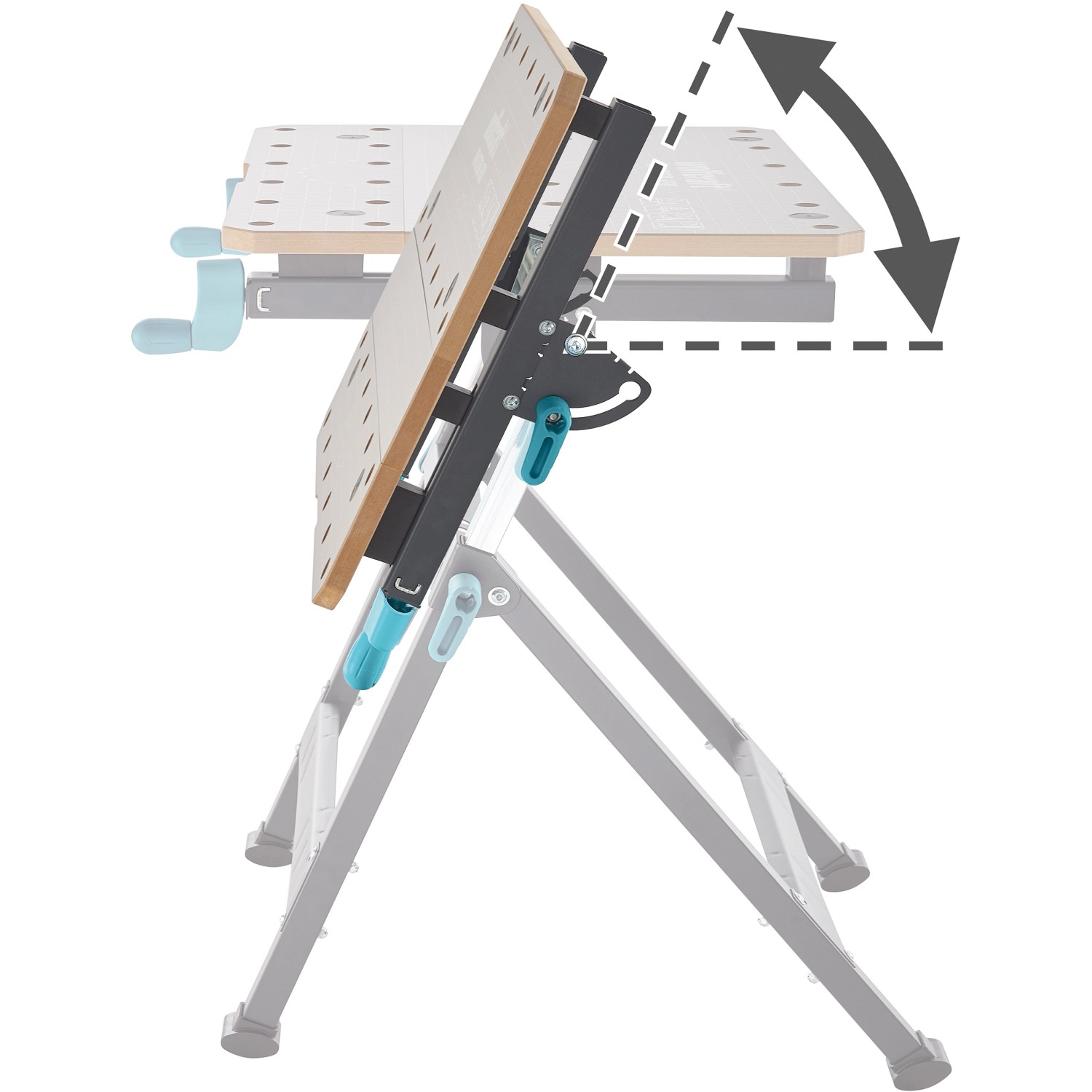 Wolfcraft Master 650 Ergo Werkbank: Schwenkbare Tischplatte mit Pfeil zur Neigungsverstellung.
