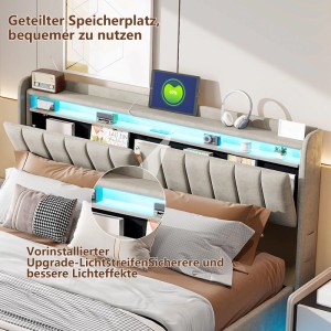 PXloue Doppelbett Bett mit Stauraum LED&USB Grau Leinen 140x200cm