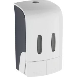 Wenko 2-Kammer Desinfektionsmittel- und Seifenspender Tartas, weiß/grau, zur Wandmontage.