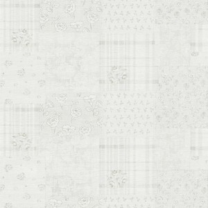 Graue Vliestapete im Shabby Chic Patchwork mit Blümchen für Landhausstil in Küche und Schlafzimmer.