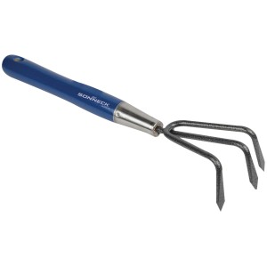 Sonneck Jätekralle Eco Line, Gartenhandgerät mit blauem Holzgriff und drei Zinken.