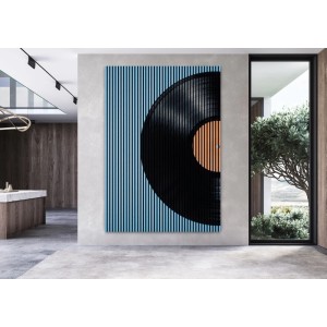FN Acustico Akustikplatte mit Schallplattendekor, blau und schwarz, 1693x19x2400 mm.