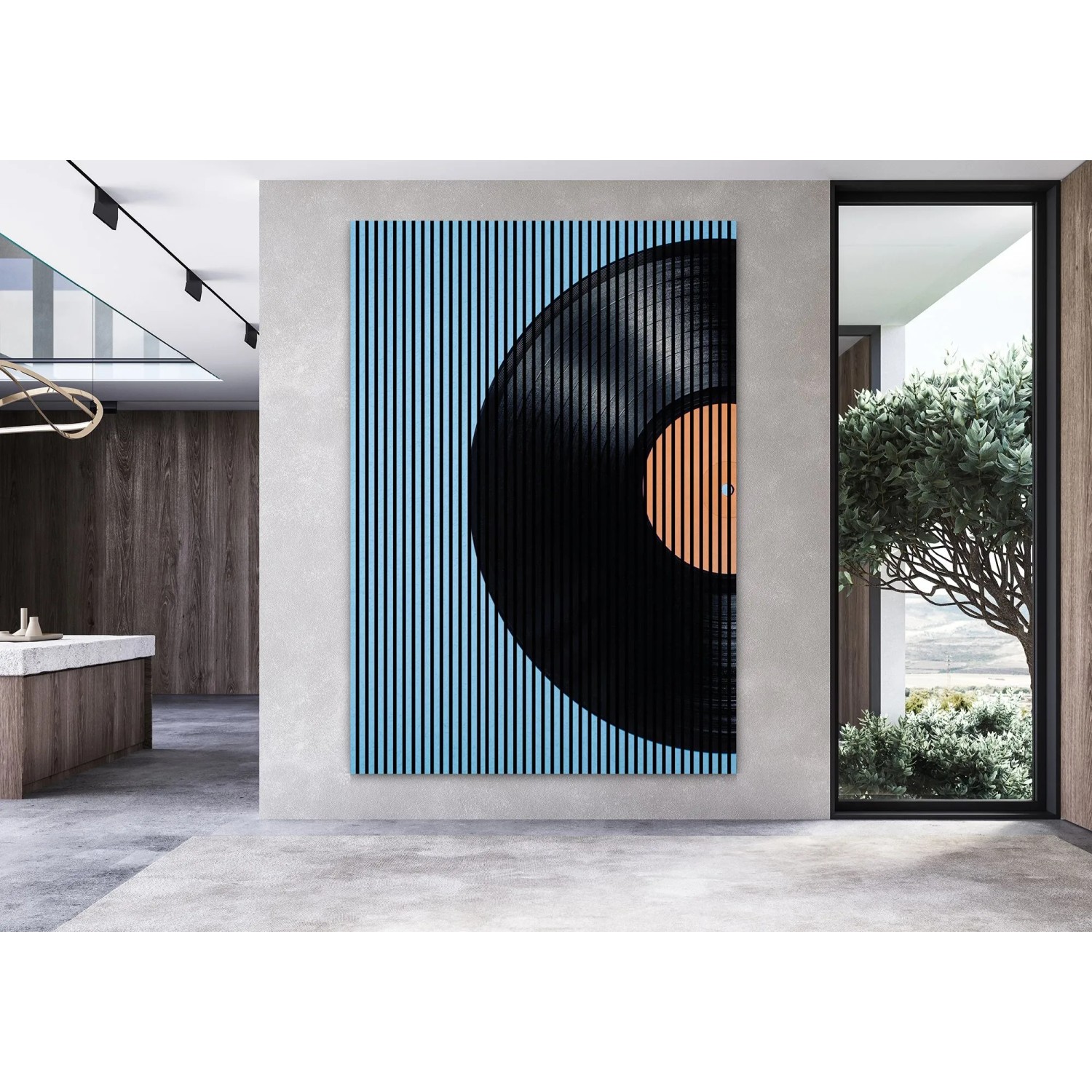 FN Acustico Akustikplatte mit Schallplattendekor, blau und schwarz, 1693x19x2400 mm.