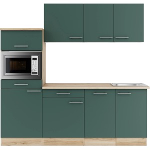 Moderne OBI OPTIFIT Küchenzeile Savona405 in Steingrün mit Spüle und Mikrowelle, 210 cm breit.